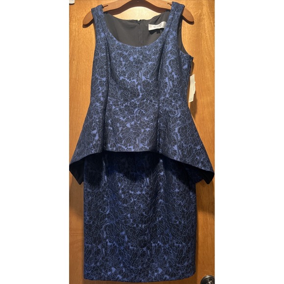 Badgley Mischka Collection Scoop Neck Black Blue Peplum Floral Lace Dress Sz 10 - Picture 1 of 10
